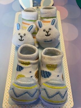 Plush Bunny Baby Socks - White with Blue & Yellow